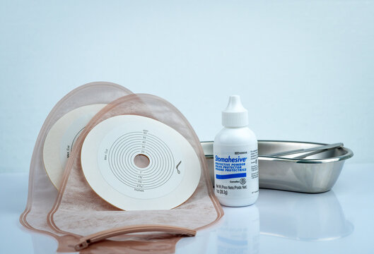 CHONBURI, THAILAND-AUGUST 3, 2018 : Stomahesive protective powder. Stomahesive product of Convatec. Stoma care products and one piece drainable ileostomy or colostomy pouch products.