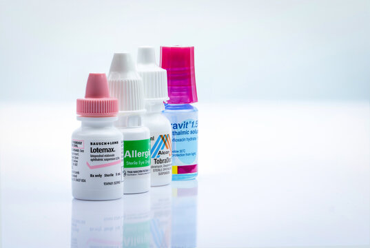 CHONBURI, THAILAND-SEPTEMBER 5, 2018: Lotemax, Allergis, Tobradex, Cravit eye suspension and eye drops in phastic bottle isolated on white background. Steroids, Antibiotics, antihistamine medicine.