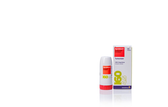CHONBURI, THAILAND-MARCH 28, 2020: Symbicort turbuhaler. Product of AstraZeneca. Medicine for treatment asthma, COPD, and emphysema. Inhalation powder. Steroids and bronchodilators turbuhaler drugs.