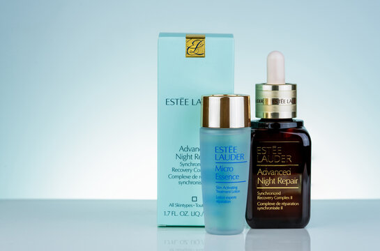 CHONBURI, THAILAND-MAY 8, 2019 : Estee Lauder Advanced Night Repair Synchronized Recovery Complex II and Estee Lauder Micro Essence. Facial serum and facial lotion bottle on white background. Skincare