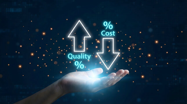 Hand presenting vibrant glowing arrows showing increased quality and decreased cost on a d