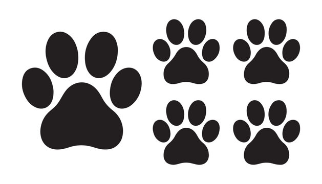 Large and small dog paw prints in black solid silhouette style, isolated on white background.