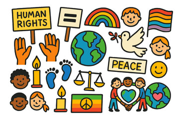 Naklejka premium Children's Rights Celebration. Human rights movement. Colorful Hand-drawn doodle Children illustration Human rights movement earth, open hands, dove, candle,