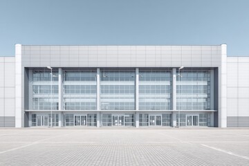 Obraz premium Contemporary exhibition hall facade featuring expansive glass entrance against clear pale blue sky
