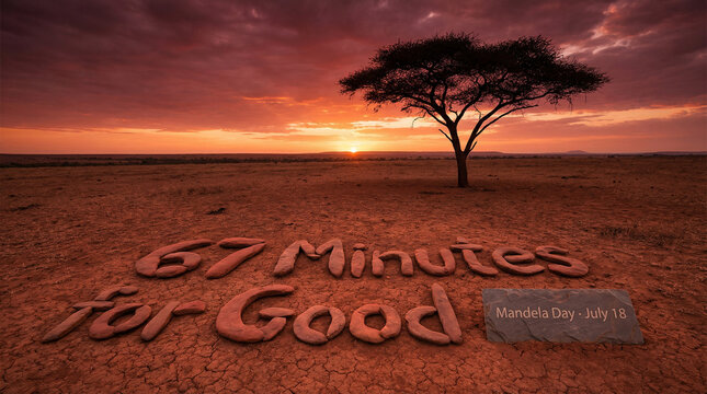 A single acacia tree is seen against a fiery sunset, with the phrase '67 Minutes for Good' and 'Mandela Day July 18' inscribed on stones placed in the dry, cracked earth.