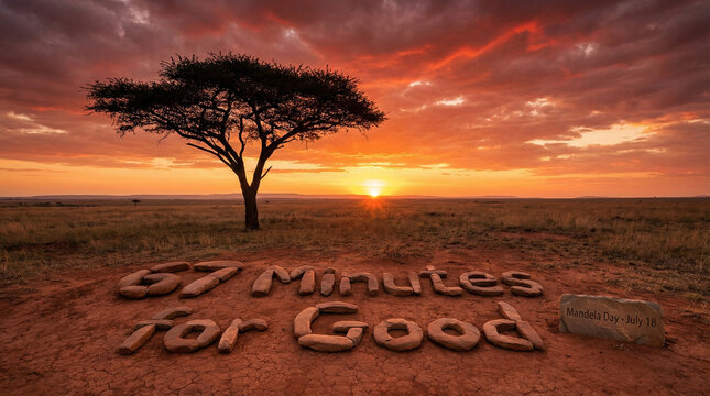 Under a vibrant sunset, a solitary acacia tree dominates the African savanna landscape as stones spelling '67 Minutes for Good' and 'Mandela Day July 18' are visible on the ground.