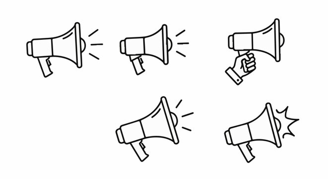 Five line-art icons of megaphones, some emitting sound waves, one held