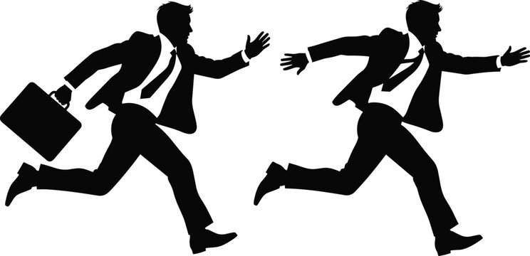 Businessman running with briefcase silhouette set representing urgency, deadline pressure, corporate hustle, career ambition and fast paced professional lifestyle isolated on white background