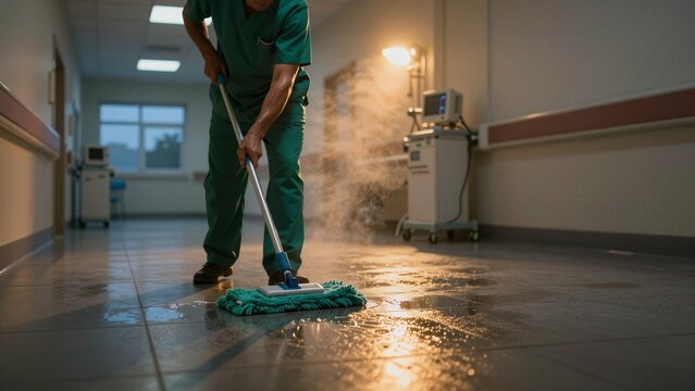 A janitor in green scrubs mops a wet hospital corridor floor with medical equipment nearby.