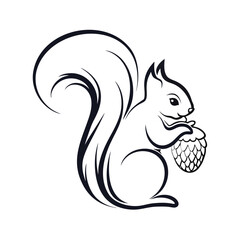 Obraz premium Minimalist Silhouette of a Wild Squirrel with a Big Tail Holding a Nut for Web Design