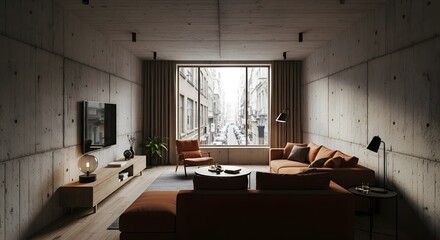 Obraz premium Modern Living Room Interior with Concrete Walls and City View
