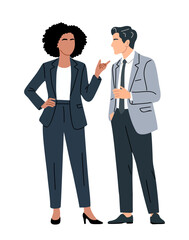 Fototapeta premium Two professionals converse in a casual, friendly setting. One gestures while the other listens attentively. Their confident postures suggest a productive, relaxed meeting