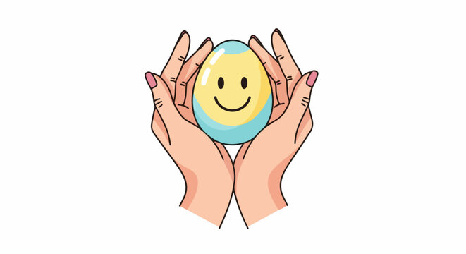 Two hands cradling a smiling, two-toned yellow and blue egg