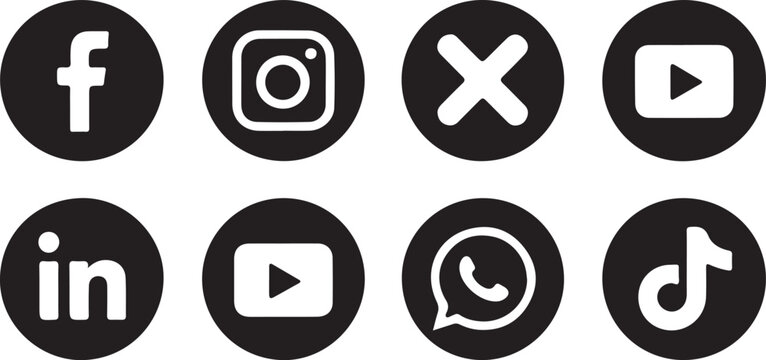 Set of social media and video platform icons on transparent background