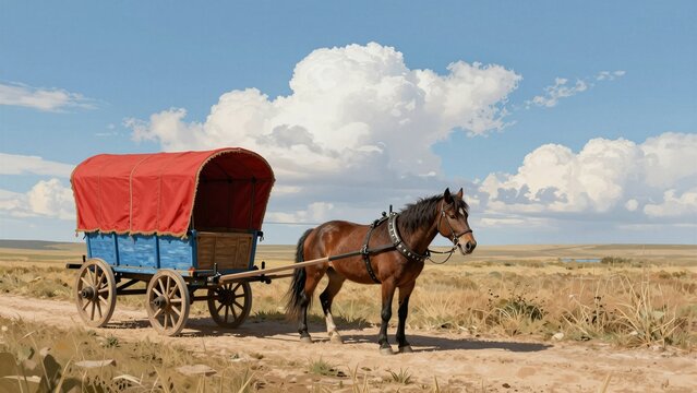 A brown horse pulling a colorful gypsy wagon across an open field under blue sky.