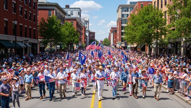 Waving an American flag at the Independence Day Parade on the 4th of July 
