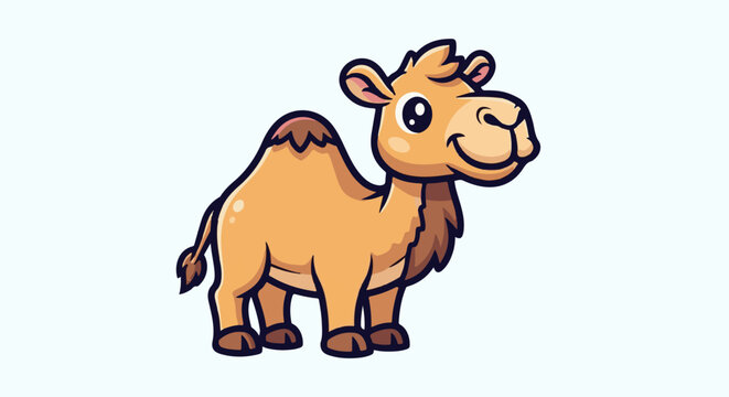 A cute cartoon camel with a hump and large, expressive eyes stands