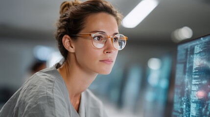 Fototapeta premium Thoughtful woman wearing glasses focused on computer screen in modern office, analyzing data trends, deep in concentration, technology environment