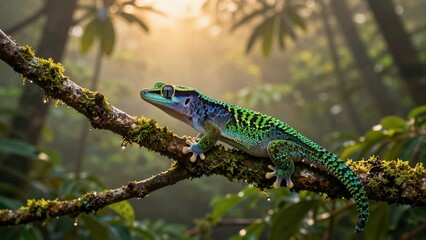 Fototapeta premium A vibrant green and blue gecko with intricate patterns perches on a moss-covered branch in a sunlit forest. The scene is captured in macro detail