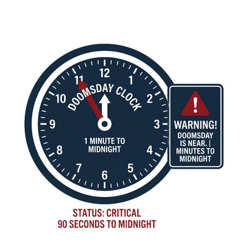 Doomsday Clock: A stark visual representation of the critical state of the world, with the Doomsday Clock ticking ominously close to midnight, signifying the urgent need for action.