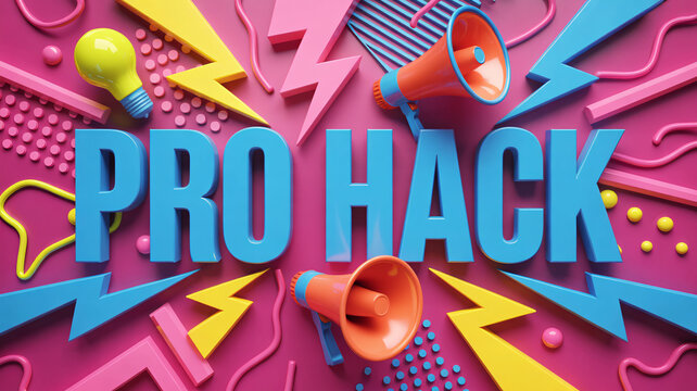 Colorful 3D rendered horizontal graphic with text "PRO HACK" featuring orange megaphones yellow lightning and light bulb on pink background
