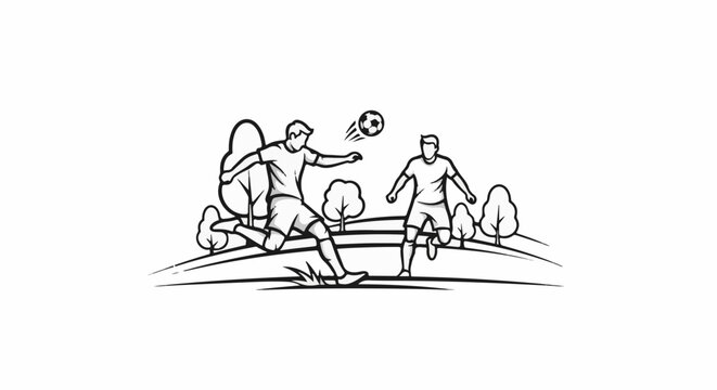 Two players kick a soccer ball in a park on a hill with trees