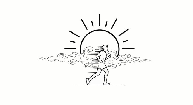 Runner in clouds with sunburst