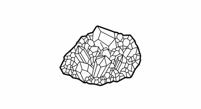 Stylized black and white illustration of a cluster of geometric crystals