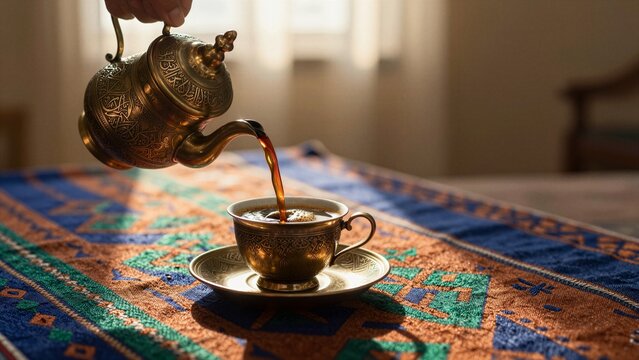 A hand pours rich Arabic coffee from an ornate brass dallah into a matching finjan on a patterned textile. Warm light, soft focus.