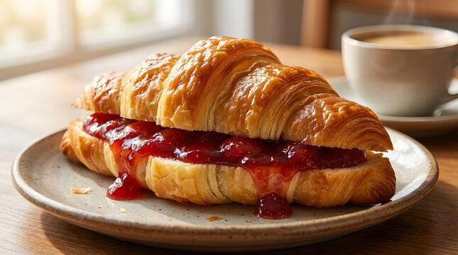 Fresh croissant sandwich with strawberry jam served on plate with coffee, bakery breakfast concept, flaky pastry texture, delicious morning meal and cozy cafe style