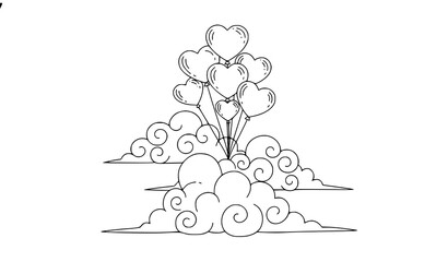 Valentine’s Day heart balloons and clouds coloring page vector for kids and adults isolated on white background © Romjan