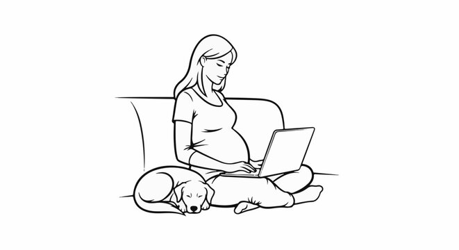 Pregnant woman on couch with laptop and sleeping puppy