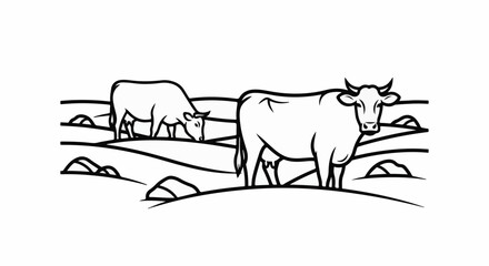 Fototapeta premium Stylized black and white drawing of two cows in a field behind a fence