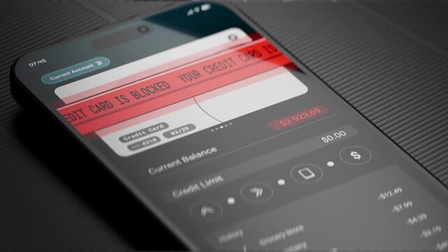 Smartphone app showing blocked credit card alert after suspicious transaction