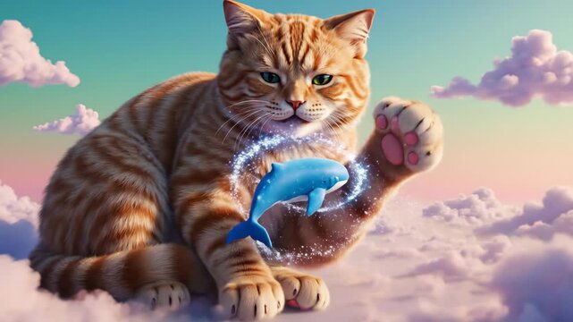 Giant ginger tabby cat observing blue cetacean flying among pastel clouds