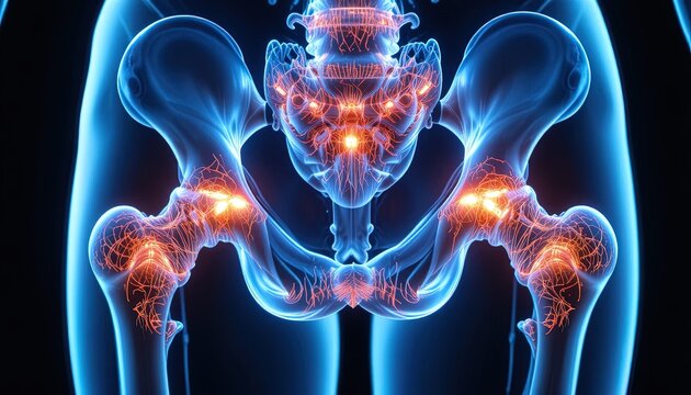Illustration of Human Pelvis with Nerves and Blood Vessels Highlighting Medical Anatomy