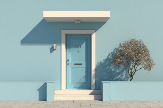 Minimalist architectural facade features a pastel blue door set into a uniformly colored wall under bright daylight