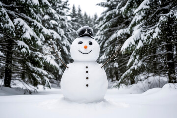 Obraz premium A cheerful snowman standing in a snowy coniferous forest during a cold winter day, embodying holiday joy and festive childhood nostalgia
