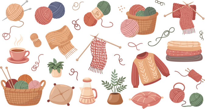 Cozy knitting and crochet vector set featuring yarn balls handmade sweater scarf basket tools warm craft hobby elements illustration