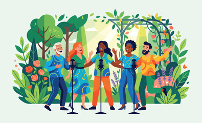 Fototapeta premium Harmony in the Garden: A diverse group of singers raises their voices in unison amidst a vibrant garden setting, symbolizing unity, passion, and the power of collective expression.