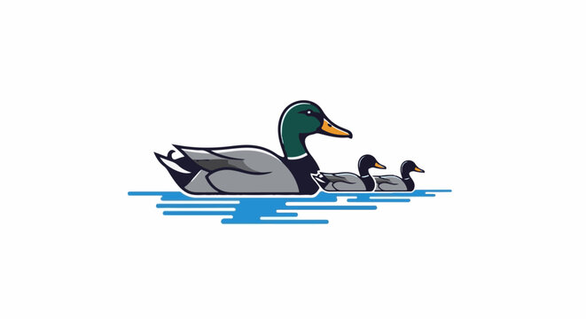 Family of mallard ducks swimming on calm water