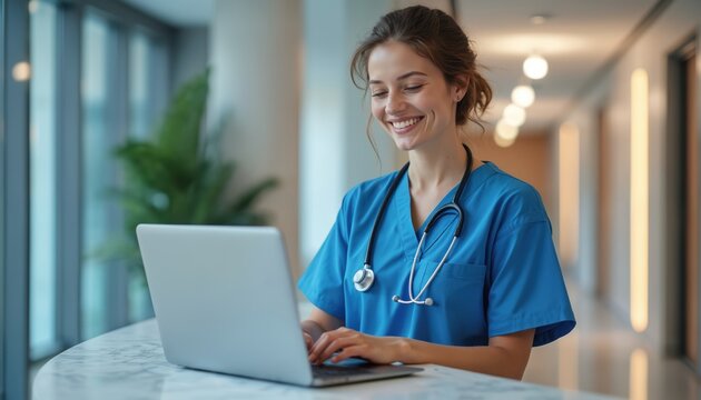 Young nurse in blue scrubs works on laptop in modern hospital. Smiling woman with stethoscope enters patient data on computer. Medical staff member in clinic reception.