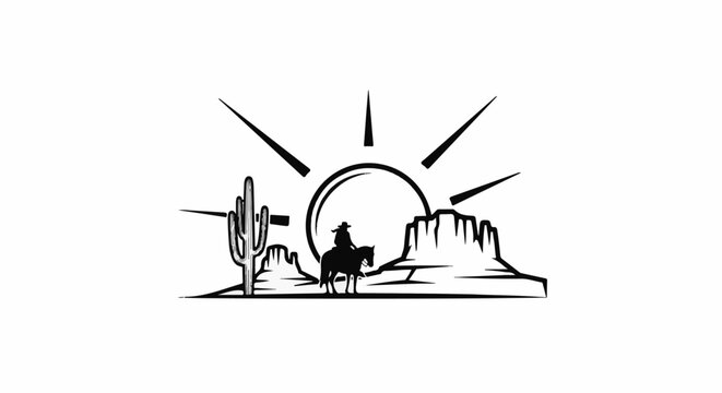 Lone rider surveys vast desert landscape under a blazing sun