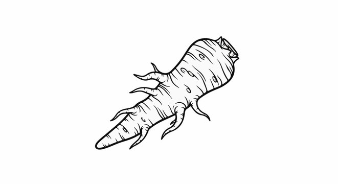 Black and white drawing of a root vegetable with side growths