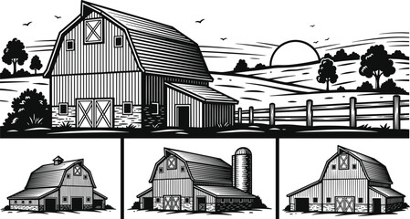 Vintage barn illustration with rural countryside landscape, sunset scene, wooden farm buildings, fence and trees, traditional agriculture concept in black and white line art style © MdHasanAli