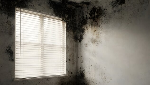Dark and Gritty Room with Extensive Black Mold and White Window Blinds, Showcasing Neglect, Deterioration, and Potential Health Hazards
