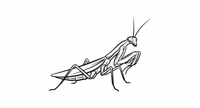 Line art of a praying mantis in profile, facing right, with detailed anatomy