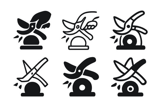Gardening Tools Logos. Sharpening gardening tools. Icon set. Set Logo of sharpening gardening tools: sharpening wheel sparks. harmonious logo variations of the