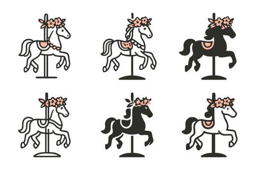 Carousel Logo Variations. May day at an amusement park. Icon set. Set Logo of May day at an amusement park: carousel horse with flower crown. harmonious logo