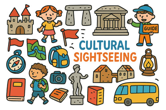 Cultural Sightseeing Adventure. cultural sightseeing. Colorful Hand-drawn doodle Children illustration cultural sightseeing castle, museum, ancient monument,